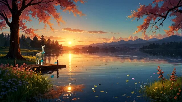 "Animation of a beautiful lakeside scene, in spring, flowers blooming beautifully, as the sun rises Seamless looping 4k time-lapse animation video background