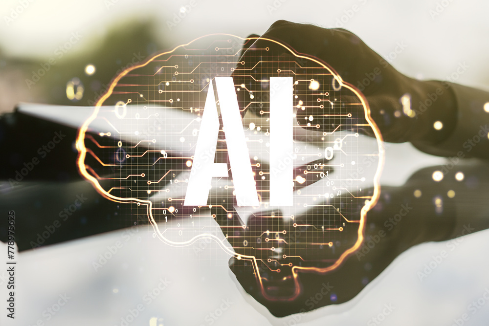Aufkleber creative artificial intelligence concept with human brain hologram and finger clicks on a digital ta
