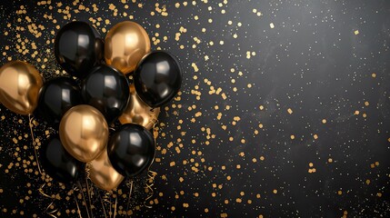 Black and black foil gold balloons with confetti on dark background