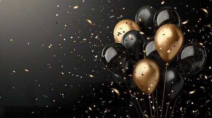 Black and black foil gold balloons with confetti on dark background - obrazy, fototapety, plakaty