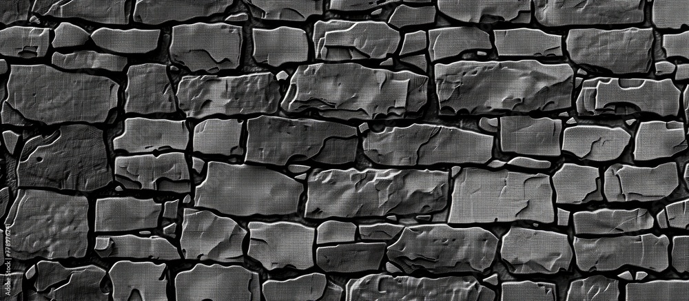 Poster a monochromatic image showcasing a textured stone wall with rectangular bricks forming an intricate 