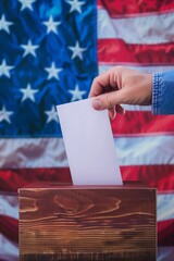 US elections concept image background , ballot box with US flag colors and stars and hand holding a ballot paper voting	