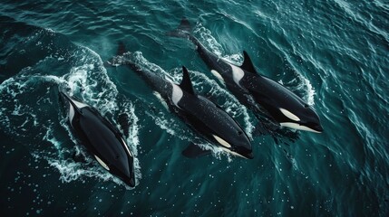 Aerial view of orcas in arctic waters, striking black and white contrast, detailed skin texture - obrazy, fototapety, plakaty