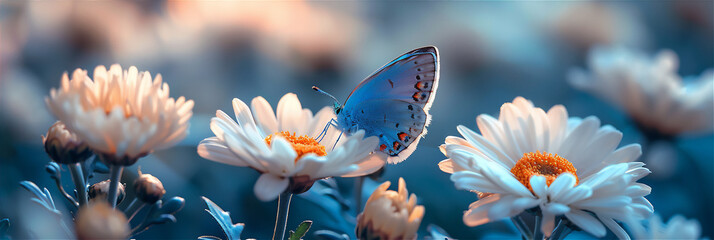 White Chrysanthemum flowers with blue butterfly in garden at morning