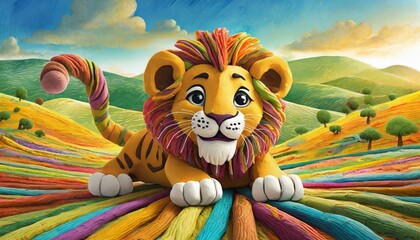 Un lindo cachorro de león alegre y divertido hecho con tiras de plastilina de colores