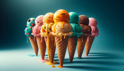 Row of colorful ice cream cones with playful designs, ideal for dessert marketing and summer treat promotions.