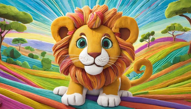 Un lindo cachorro de le&oacute;n alegre y divertido hecho con tiras de plastilina de colores