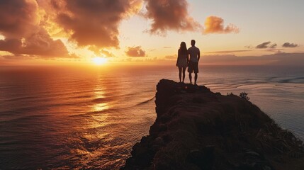 A couple standing hand in hand on a cliff, overlooking the vast ocean, soaking in the majestic sunset. - Powered by Adobe