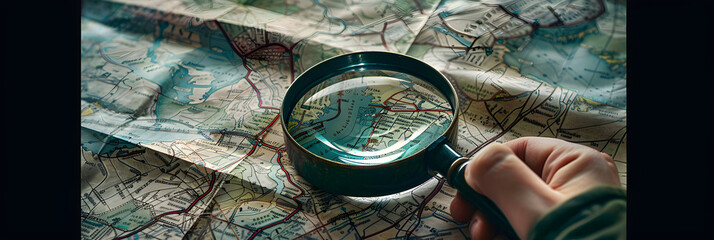 Detailed Examination: Magnifying Glass Amplifying a Specific Spot on a Detailed Map