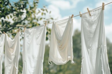 White clothes hanging on laundry line outdoors	