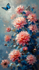 Chrysanthemum flower with blue butterfly in garden at morning