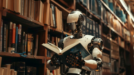 Fototapeta premium Robot with a book open in a library. Machine learning concept.