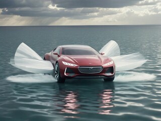 car on the beach, Car from the future driving on water
