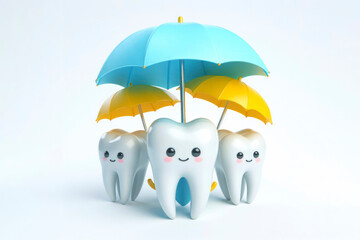 insurance tooth under umbrellas on solid white background - obrazy, fototapety, plakaty