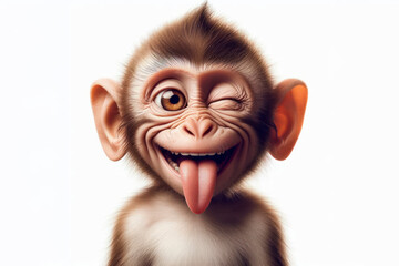 monkey winking and sticking out tongue on white background - obrazy, fototapety, plakaty