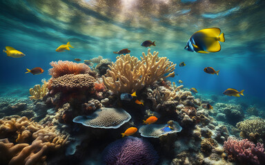 Underwater shot of a coral reef teeming with colorful fishes, sunlight filtering through the clear...