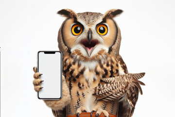 Shocked real owl holding smartphone with white mockup screen on white background