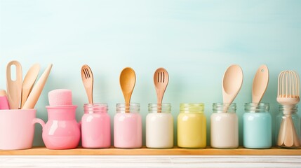 Kitchen utensils in jars on shelf, food, equipment, utensil, variation, spoon