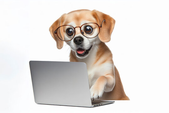 dog with glasses and a surprised look on her face is looking at a laptop on white background