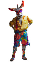 A full body studio portrait of an anthropomorphic donkey dressed in colorful fashion