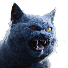 A grey British shorthair cat with sharp teeth, glowing eyes and fangs