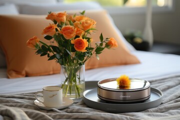 Elegant still life with orange roses in crystal vase on luxurious bed