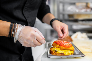A skilled chef meticulously assembles a gourmet burger in a professional kitchen. The image...