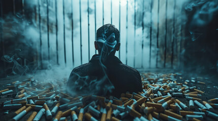 Man Wearing Mask Surrounded by Cigarettes - obrazy, fototapety, plakaty