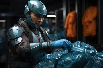 Futuristic soldier in advanced protective gear examining a body bag in a high-tech military setting - obrazy, fototapety, plakaty