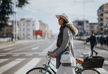 Elegant young woman in a hat walking her bike across a city street with blurred pedestrians in the background, capturing a sense of urban life.