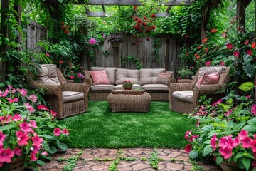 Naklejka premium small modern patio garden with artificial grass and rattan furniture inspiration ideas