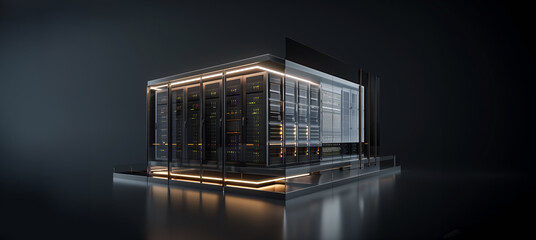 Corporate data servers. Cutting edge compact all in one Data center and network devices module. Hand edited generative AI. 