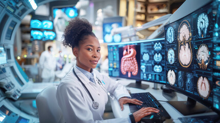 Portrait of a gastroenterologist in the office against the background of monitors with the results of a computer examination, MRI of a patient.