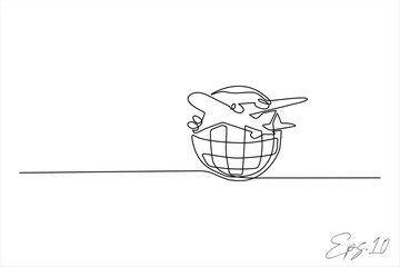 continuous line art drawing of a plane around the world