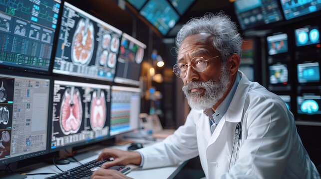 Portrait of a doctor examining MRI images of the head, results of computer diagnostics of the patient&rsquo;s brain.