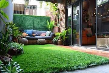 small modern patio garden with artificial grass and rattan furniture inspiration ideas