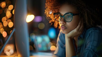 A determined employee staying late, the soft glow of the computer illuminating a face of focus and resolve.