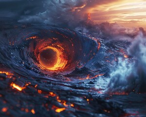 Dive into the unknown with a futuristic interpretation of a wormhole merging with the fiery intensity of lava , ultra HD - obrazy, fototapety, plakaty