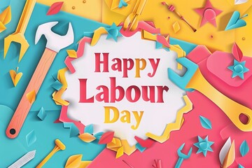 "Happy Labour Day". The text features vector illustration tools and a banner design on a white background. A happy studio scene shows construction working tools and a helmet.