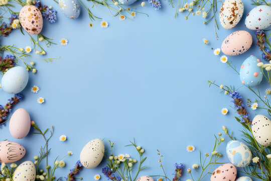 Easter frame with eggs and wildflowers on a light blue background. A place to copy. Flat image, top view