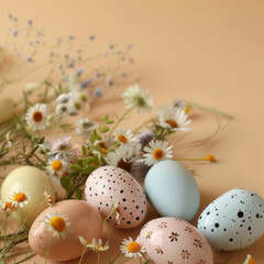 Obraz na płótnie Canvas Easter background with eggs and wildflowers on a beige background. A place to copy. Flat image, top view