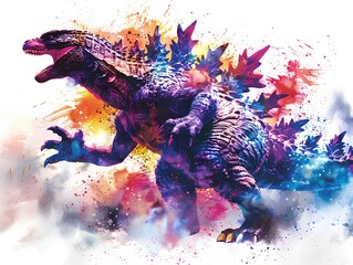 A wild godzilla in full roar, charging directly towards the camera with a fierce expression. The image is captured in a dynamic watercolor style