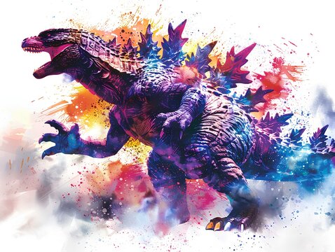 A wild godzilla in full roar, charging directly towards the camera with a fierce expression. The image is captured in a dynamic watercolor style