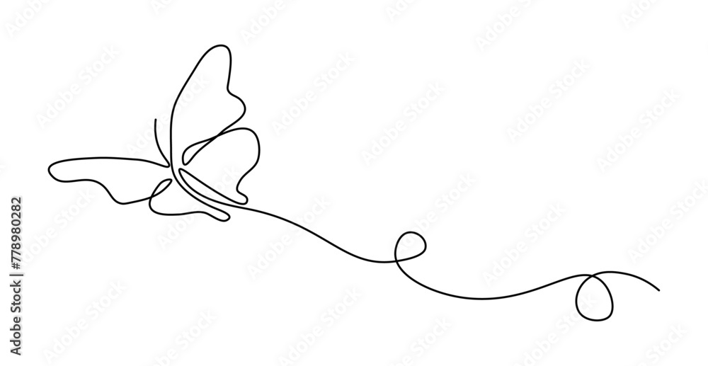 Poster One continuous line drawing of flying butterfly on isolated transparent background. Simple linear style design for spa salon. Vector illustration. Editable stroke. 