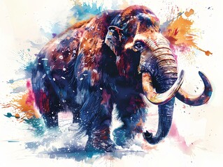 A wild mammoth in full roar, charging directly towards the camera with a fierce expression. The image is captured in a dynamic watercolor style