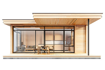 A modern wooden house with glass windows and doors . The interior of each room, including the kitchen, living area, dining table, bedroom and bathroom