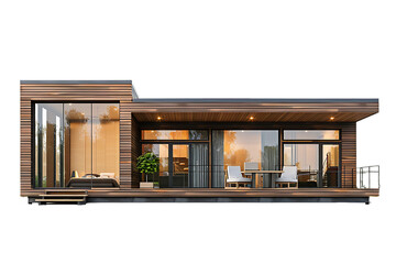 A modern wooden house with glass windows and doors . The interior of each room, including the kitchen, living area, dining table, bedroom and bathroom