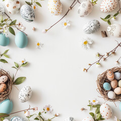 Easter background with eggs and spring branches in the form of a frame on a white background. A place to copy. Flat layout, top view