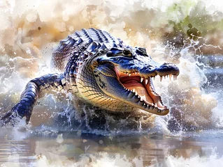 Poster The crocodile roared in full. Charges sideways in front of the camera with a ferocious expression. The image was captured in a dynamic watercolor style.  © srattha