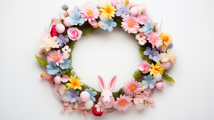 Easter background with a wreath of Easter eggs and flowers. A place to copy. Flat layout, top view